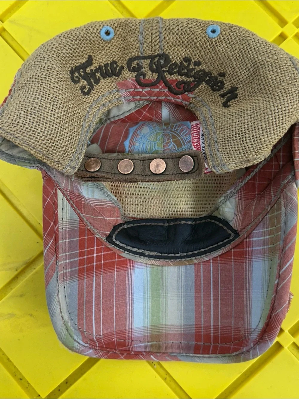 Vintage True Religion Hat Mens Leather Strapback Brown Red Plaid Distressed Y2K